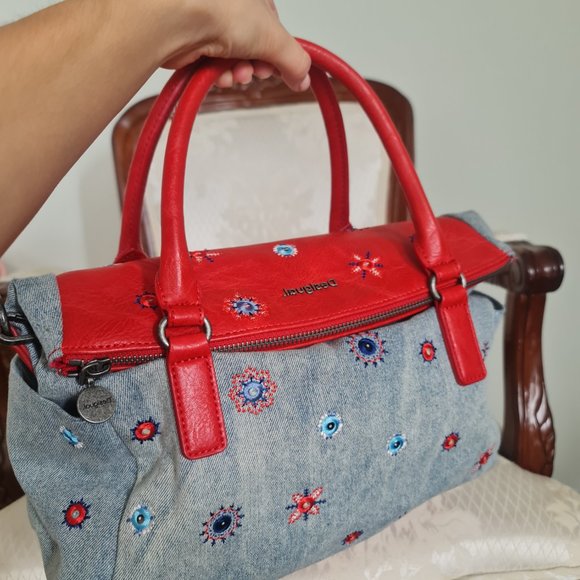 Desigual genuine denim bag with red leather and embroidery - Picture 6 of 7